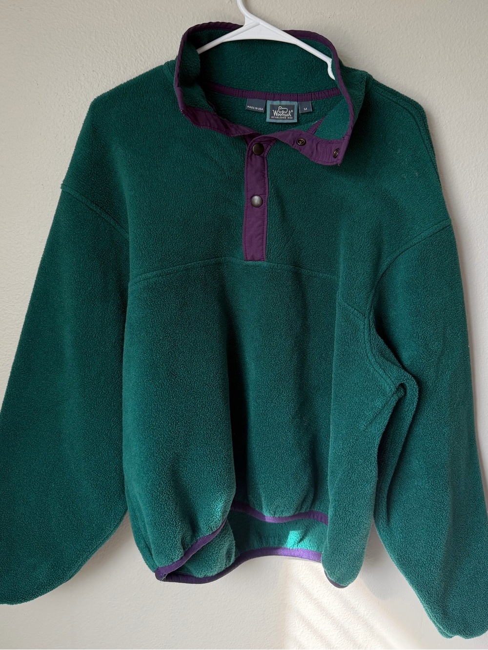 VTG 90s Woolrich Snap-T Fleece Pullover Forest Green Purple Trim Made in USA M
